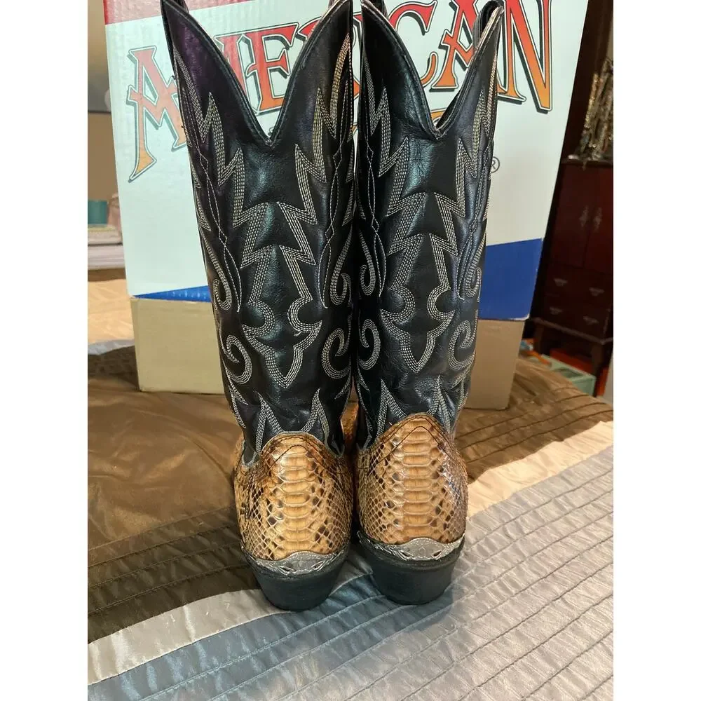 American West Men's Black Taupe b/c python with tips cowboy boots size 10 D